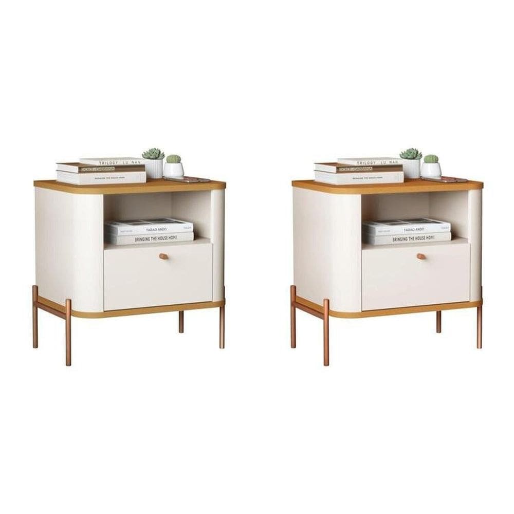 Conjunto com 2 Mesas de Cabeceira Curva 1 Gaveta e 1 Nicho Pés e Puxadores em Metal 45cm Tucupí Off White/Marrom/Bronze