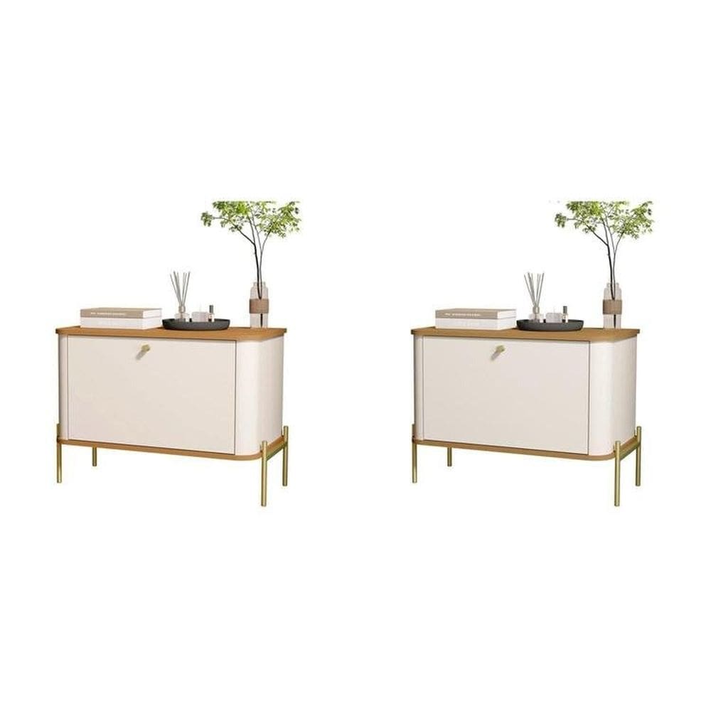 Conjunto com 2 Mesas de Cabeceira Curva 1 Porta Pés e Puxadores em Metal 76cm Tucupí Off White/Marrom/Dourado
