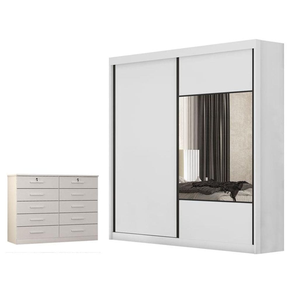 Guarda Roupa Casal Sienna com Espelho e Gaveteiro Milão com Chave Neve - Novo Horizonte