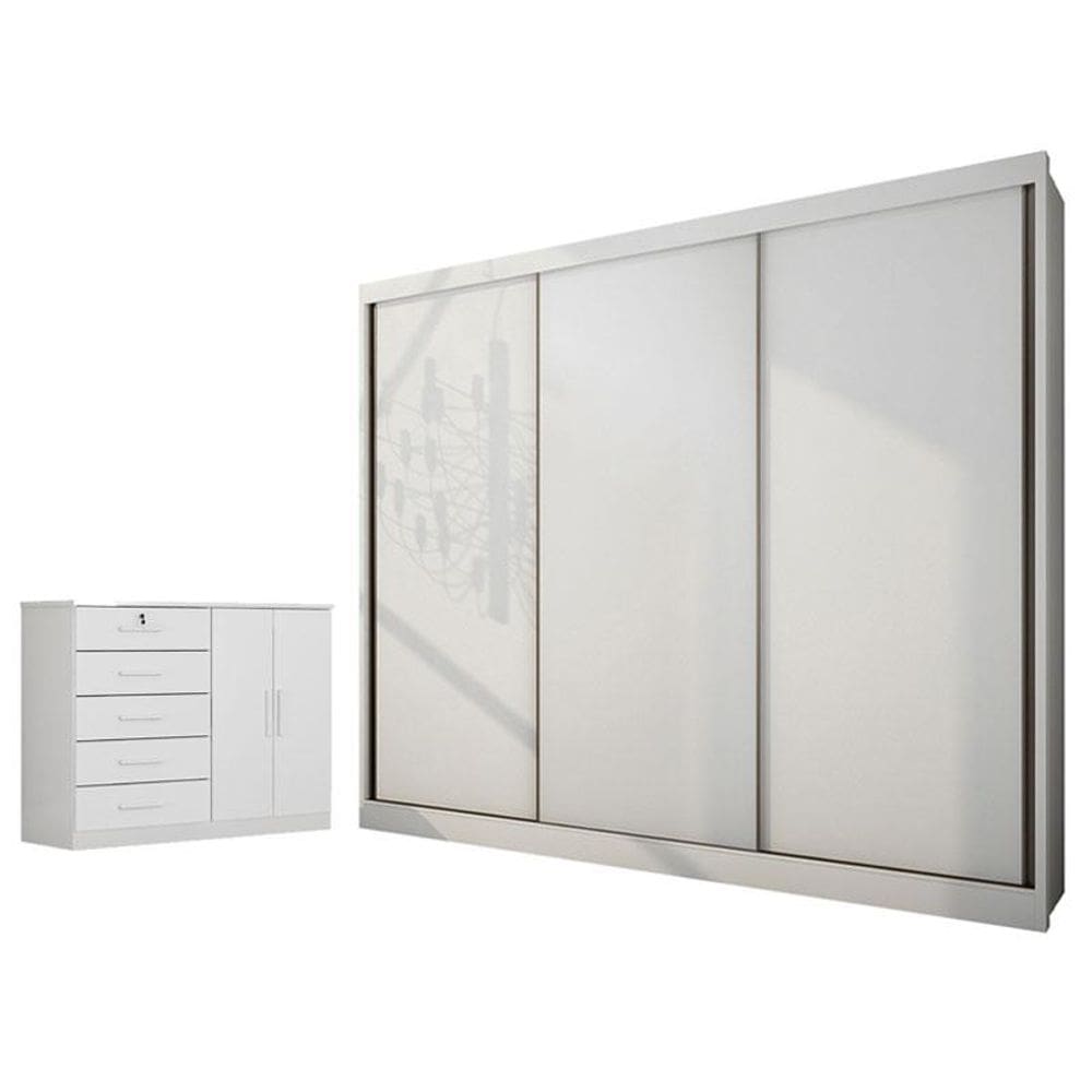 Guarda Roupa Casal Medelim e Cômoda Seul Neve - Novo Horizonte