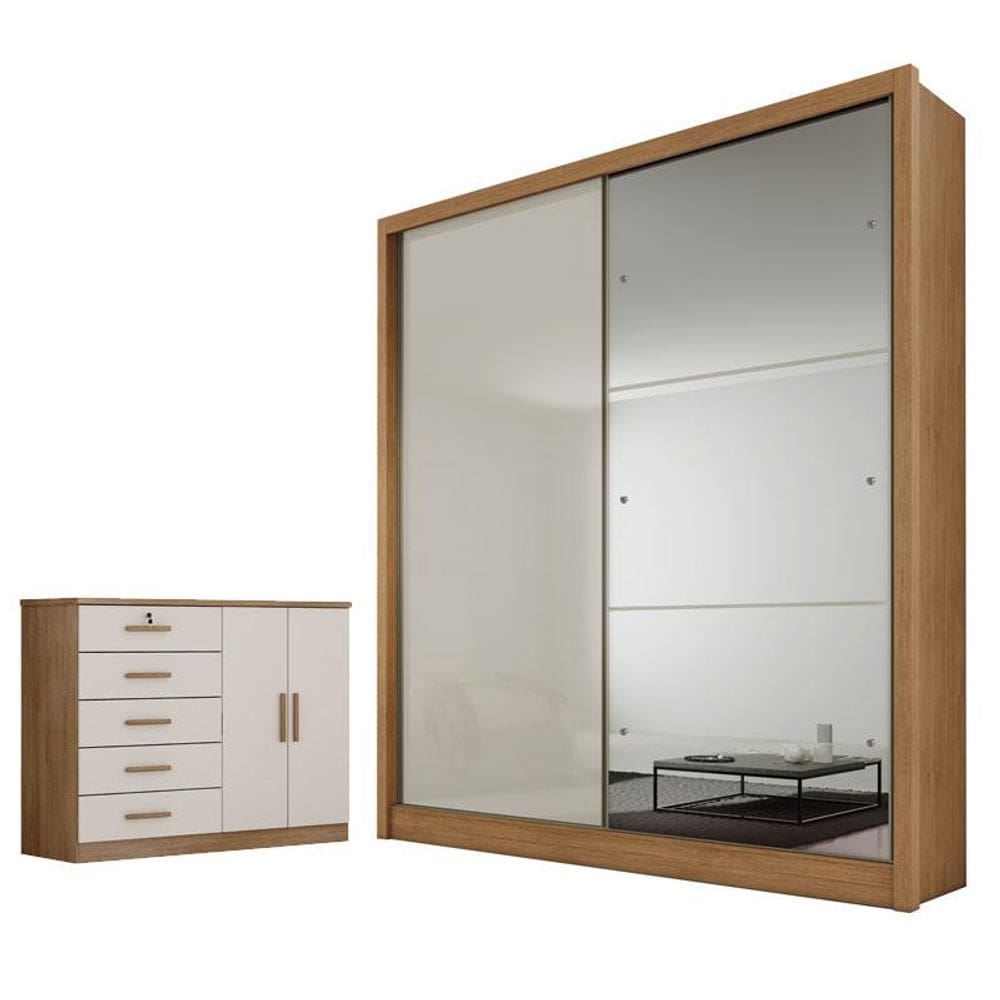 Guarda Roupa Solteiro Dante com Espelho e Cômoda Seul Cumaru 25 Fendi - Novo Horizonte