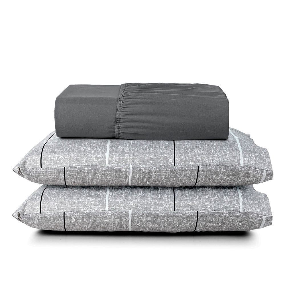 Jogo Cama Lençol Celi Casal Padrão Micropercal Estampado 200 Fios 3 Peças Xadrez Grid Cinza