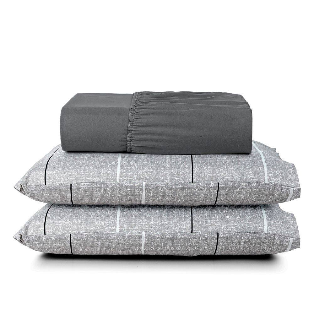 Jogo Cama Lençol Celi King Micropercal Estampado 200 Fios 3 Peças Xadrez Grid Cinza