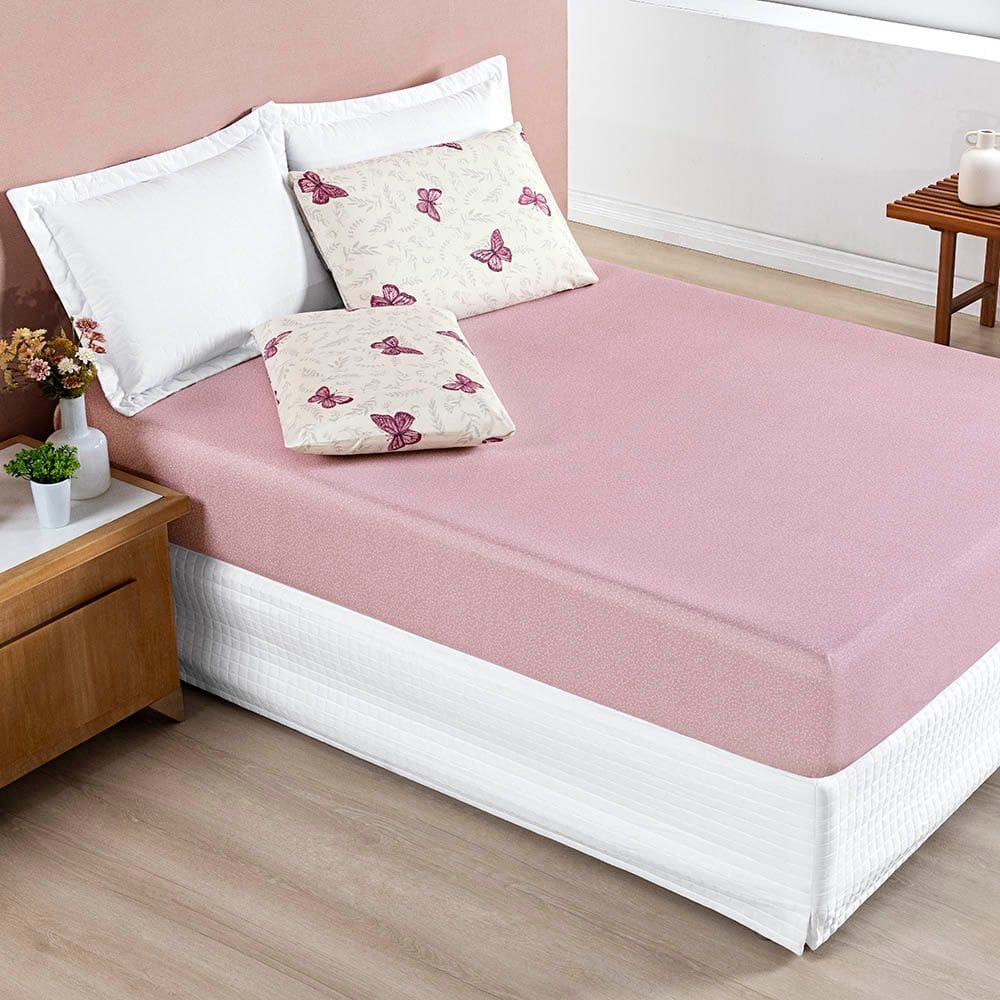 Jogo Cama Lençol Celi Queen Micropercal Estampado 200 Fios 3 Peças Borboletas Rosê
