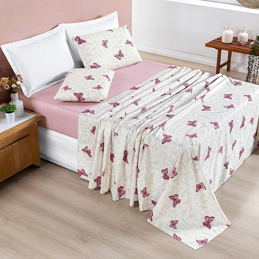 Jogo Cama Lençol Celi Queen Micropercal Estampado 200 Fios 4 Peças Borboletas Rosê
