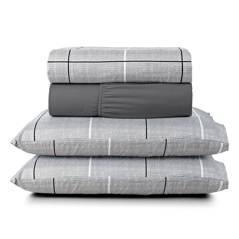 Jogo Cama Lençol Celi King Micropercal Estampado 200 Fios 4 Peças Xadrez Grid Cinza