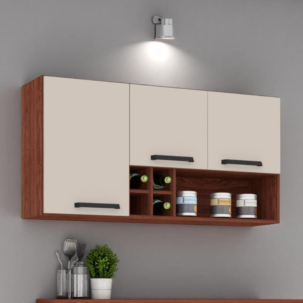 Armário Susp. 3 portas 4 gaveteiros 1,20 Ametista Nogueira Off White