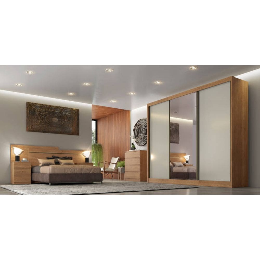 Guarda Roupa Casal com Espelho 3 Portas 6 Gavetas - Logan-Cumaru/Fendi - Móveis Novo Horizonte