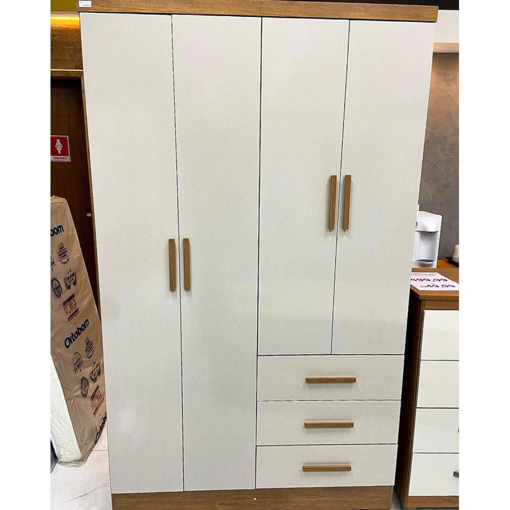 Guarda Roupa Solteiro com Pés 4 Portas 3 Gavetas - Encant-Cumaru/Fendi - Móveis Novo Horizonte