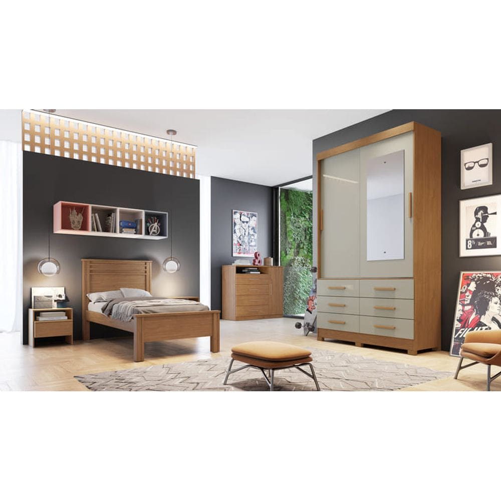 Guarda Roupa Solteiro com Espelho 2 Portas 6 Gavetas - Buriti-Cumaru/Fendi - Móveis Novo Horizonte