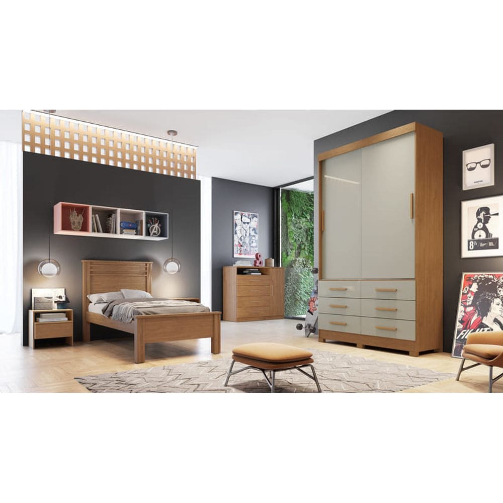 Guarda Roupa Solteiro 2 Portas 6 Gavetas - Buriti-Cumaru/Fendi - Móveis Novo Horizonte