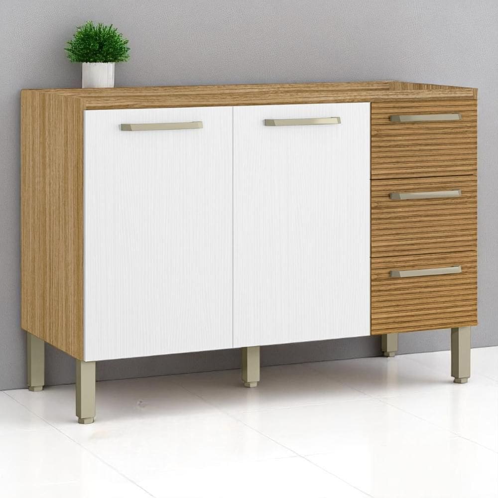 Balcão 2 portas 3 gaveteiros 1,20 Ametista Freijó Gris Ripado