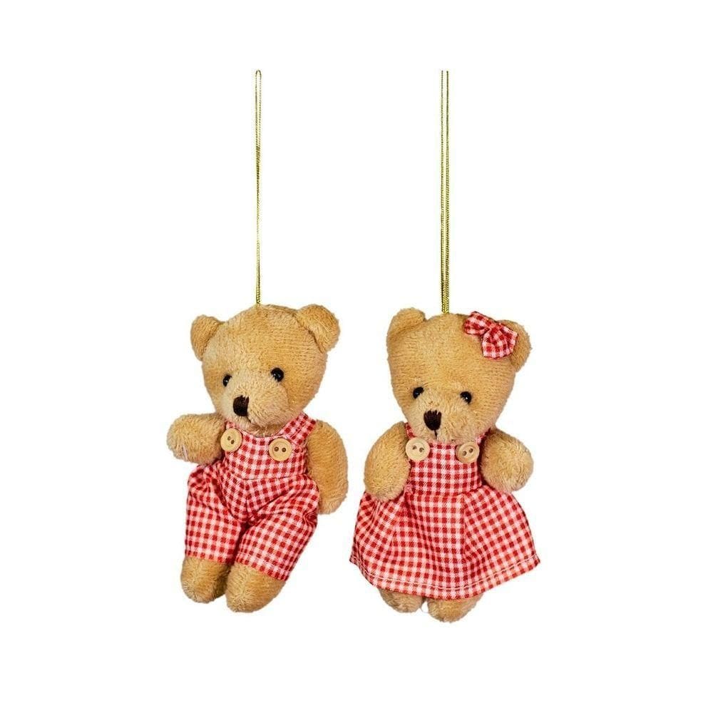 Jogo Ursinho Decorativo Natal Casal Pelúcia Bege Roupa Vermelho Xadrez 12cm
