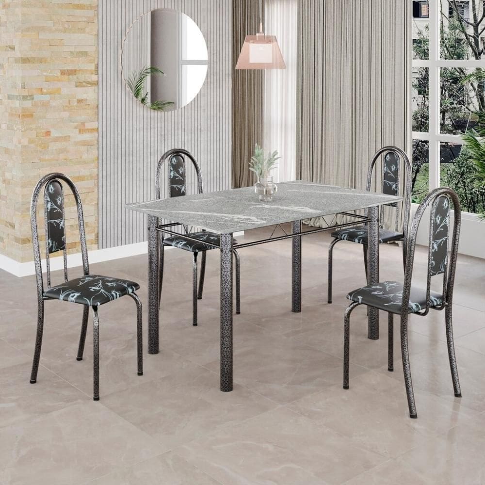 Conjunto De Mesa Tubular 4 Cadeiras 100x60cm Mart Prata Com Tampo Em Granito Topázio Isabel 020 - Tudo De Móveis Botanic Bege