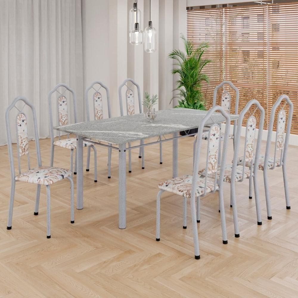 Conjunto De Mesa Tubular 8 Cadeiras 180x75cm Mart Perola Com Tampo Em Granito Ocre Brenda 050 - Tudo De Móveis Preto Floral