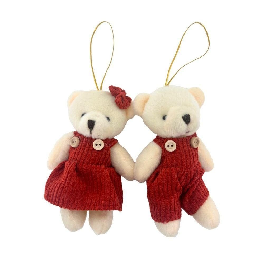 Jogo 2 Ursinhos Decorativos Natal Pelúcia Creme Casal Roupa Veludo Canelado Terracota 12cm