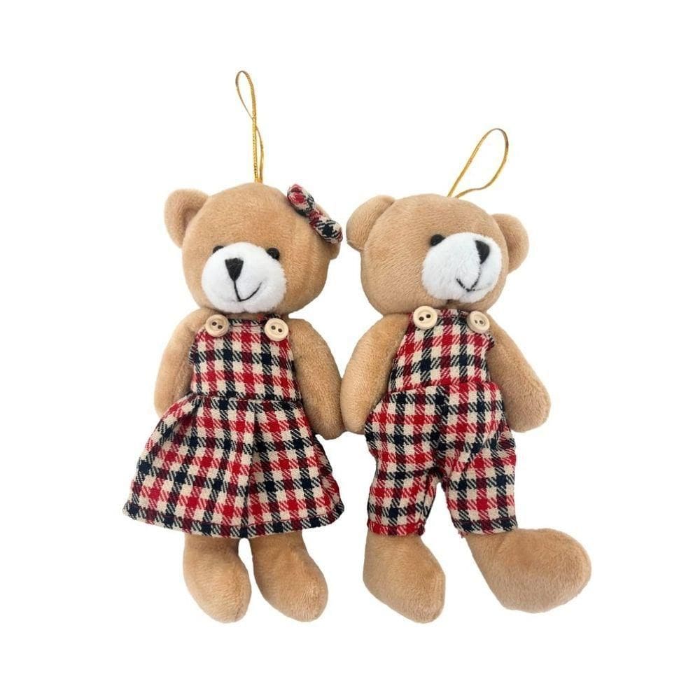 Jogo 2 Ursinhos Decorativos Natal Pelúcia Bege Casal Roupa Xadrez Azul Marinho E Vermelho 16cm