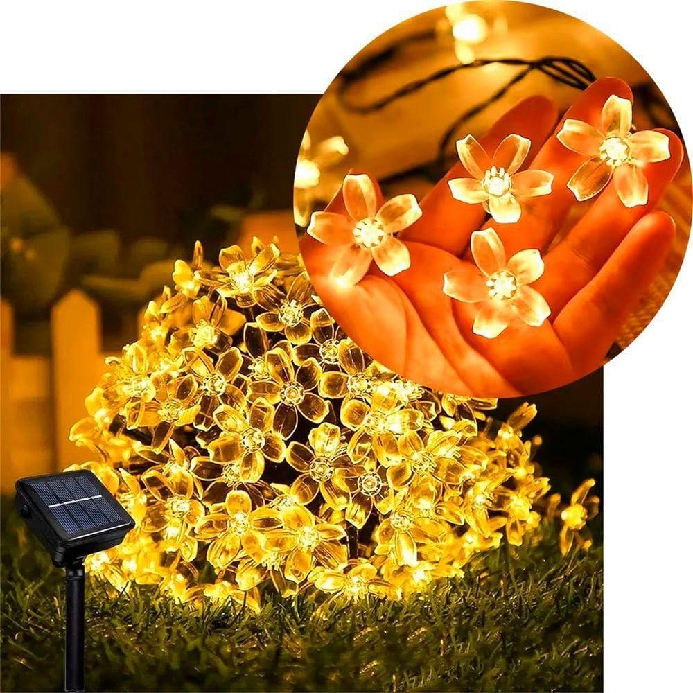 Pisca Cordão Flores Natal Solar Externo De 5m 20leds Amarelo