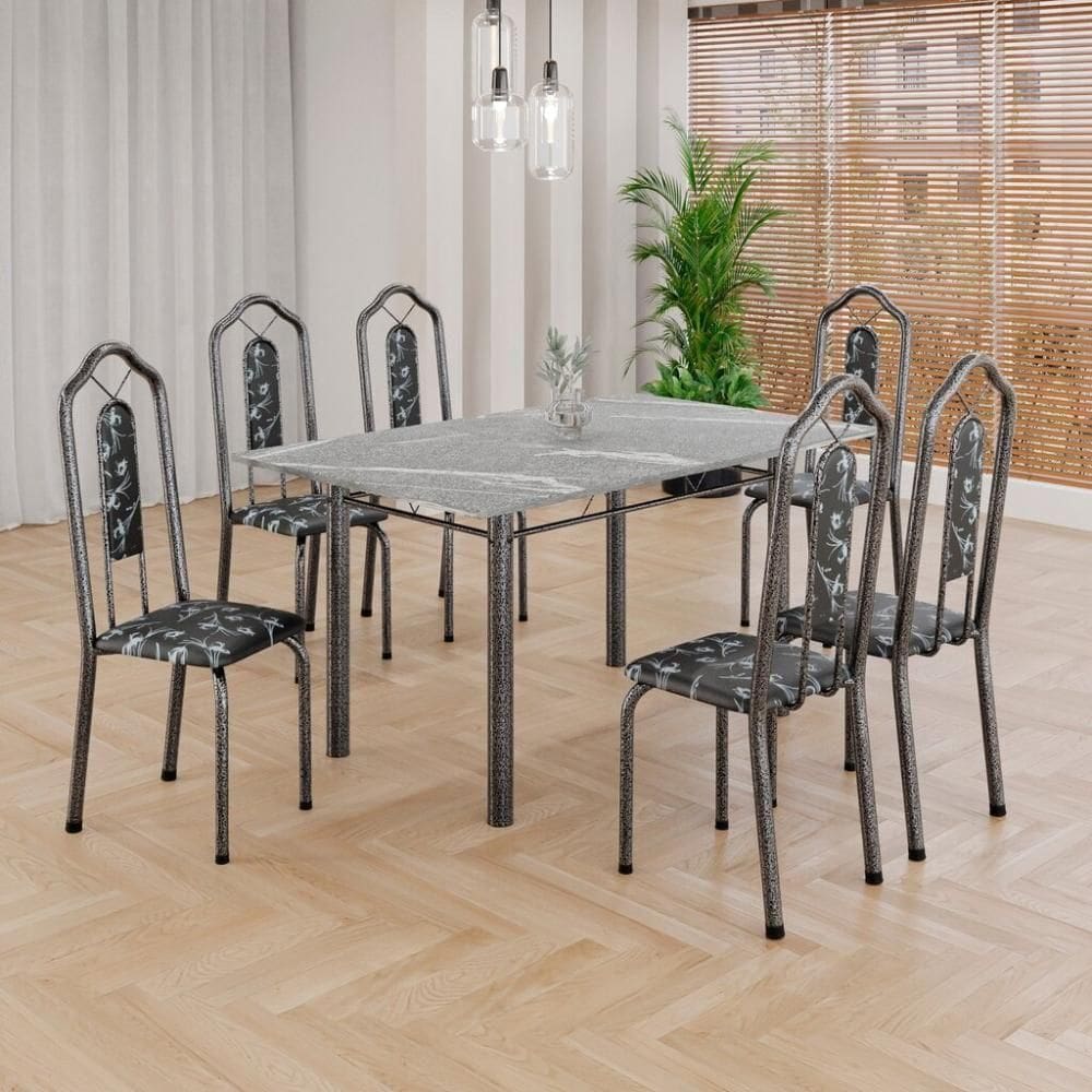 Conjunto De Mesa Tubular 6 Cadeiras 140x75cm Mart Prata Com Tampo Em Granito Topázio Brenda 010 - Tudo De Móveis Preto Floral