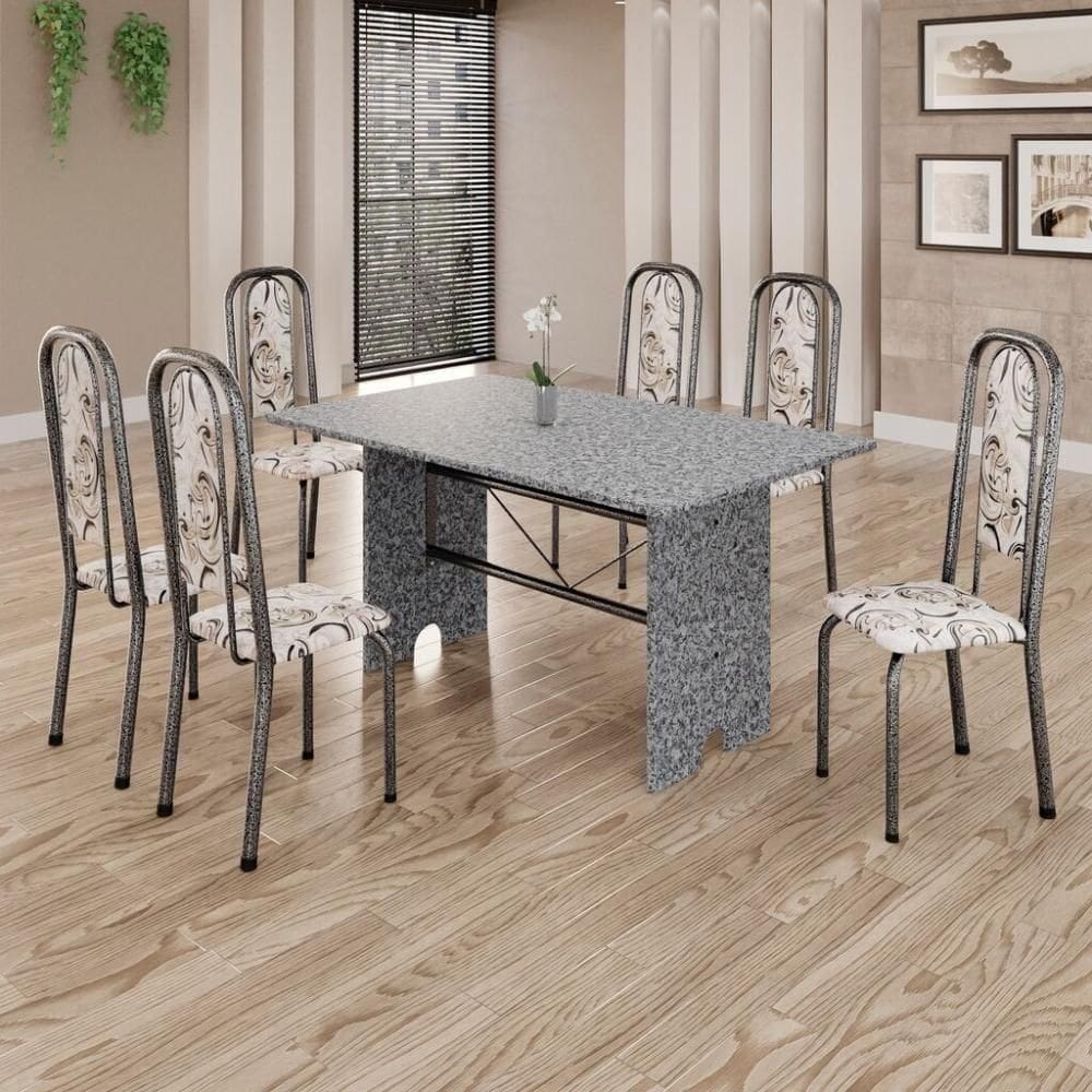 Conjunto De Mesa Tubular 6 Cadeiras 140x75cm Mart Prata Com Tampo Em Granito Ocre Letícia 070 - Tudo De Móveis Botanic Bege