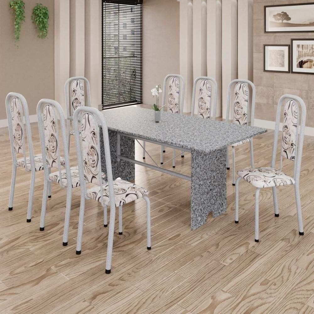 Conjunto De Mesa Tubular 8 Cadeiras 180x75cm Mart Perola Com Tampo Em Granito Ocre Letícia 071 - Tudo De Móveis Preto Floral