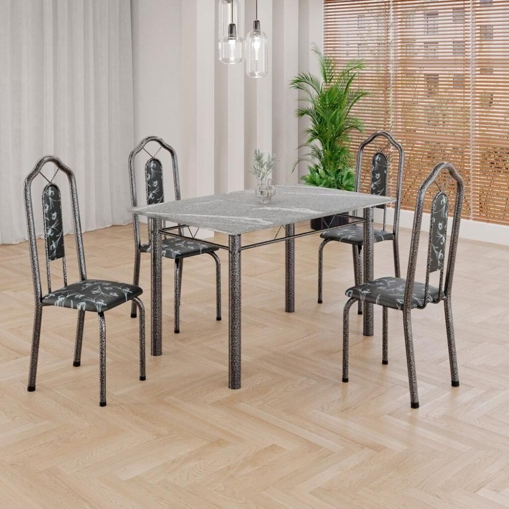 Conjunto De Mesa Tubular 4 Cadeiras 120x75cm Mart Prata Com Tampo Em Granito Topázio Brenda 010 - Tudo De Móveis Preto Floral