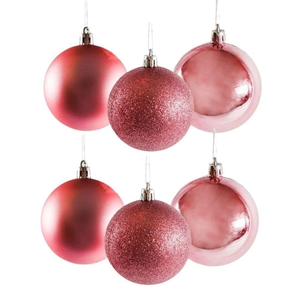 Conjunto 6 Bolas De Natal Rosê Prime Texturas Mistas 6cm Glitter, Brilho E Fosca
