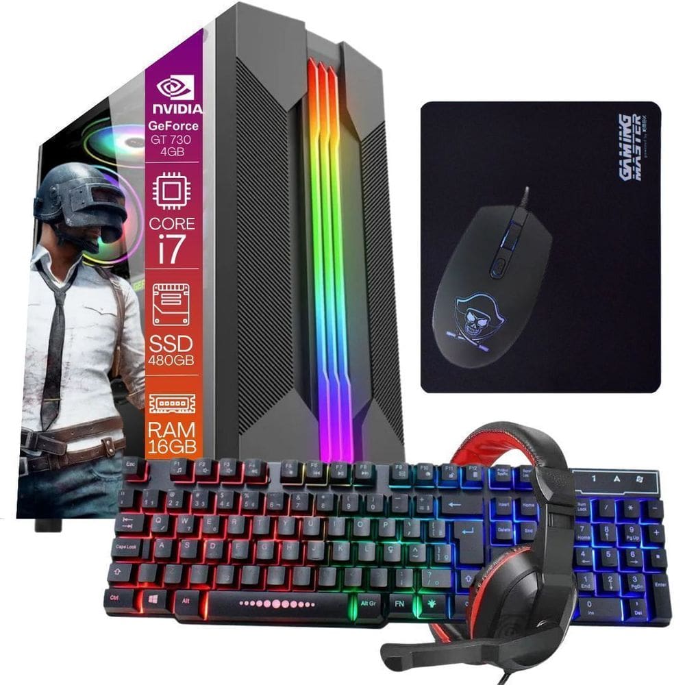 Computador PC Gamer Completo TOB Intel Core i7 rede sem fio SSD 480GB 16GB VGA GT730 2GB Windows 10 Pro Trial + Teclado e Mouse + Mouse Pad + Headset
