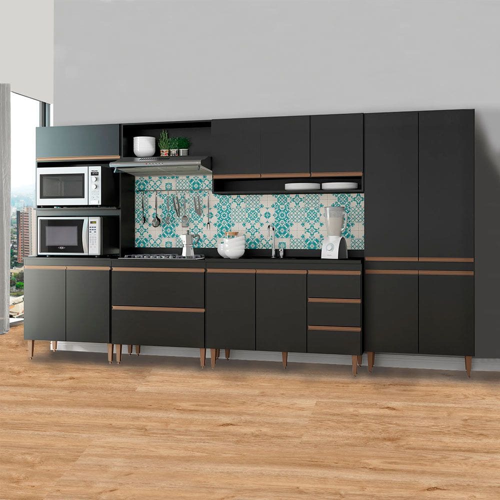 Cozinha Modulada Completa com Torre Quente Forno Sabrina 360x202cm 6 Peças MDP Preto Menu Móveis