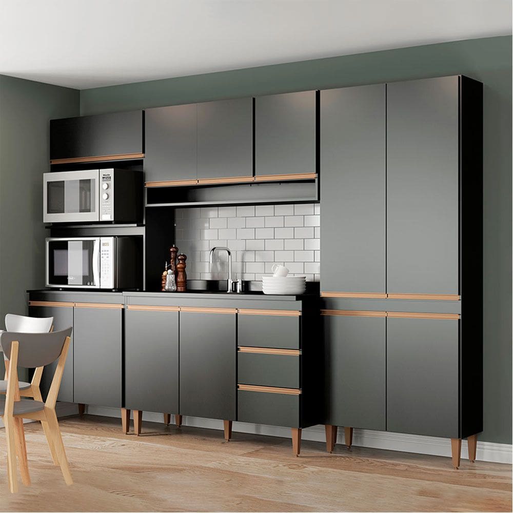 Armário de Cozinha Modulada com Paneleiro Torre Quente Sabrina 280x200cm 4 Peças MDP Preto Menu Móveis