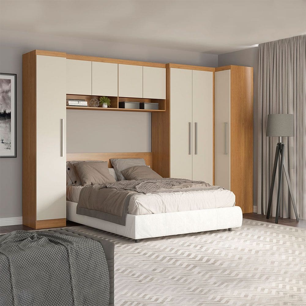 Guarda Roupa Casal Modulado com Painel Cabeceira 326-80x218cm Selene 5 Peças MDP Carvalho Menu Móveis