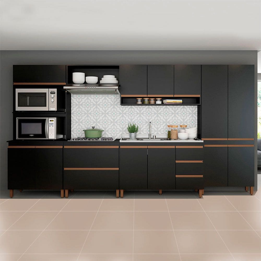 Cozinha Modulada Completa com Armário Balcão Nicho Sabrina 360x202cm 6 Peças MDP Preto Menu Móveis