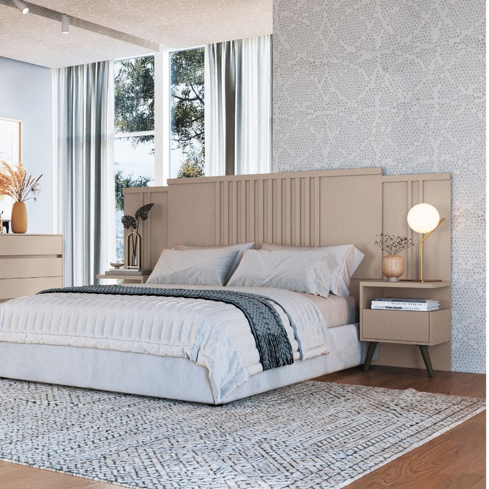 Cabeceira Casal Extensivel Ripada com 2 Mesas de Cabeceira Flora Moveis Castro