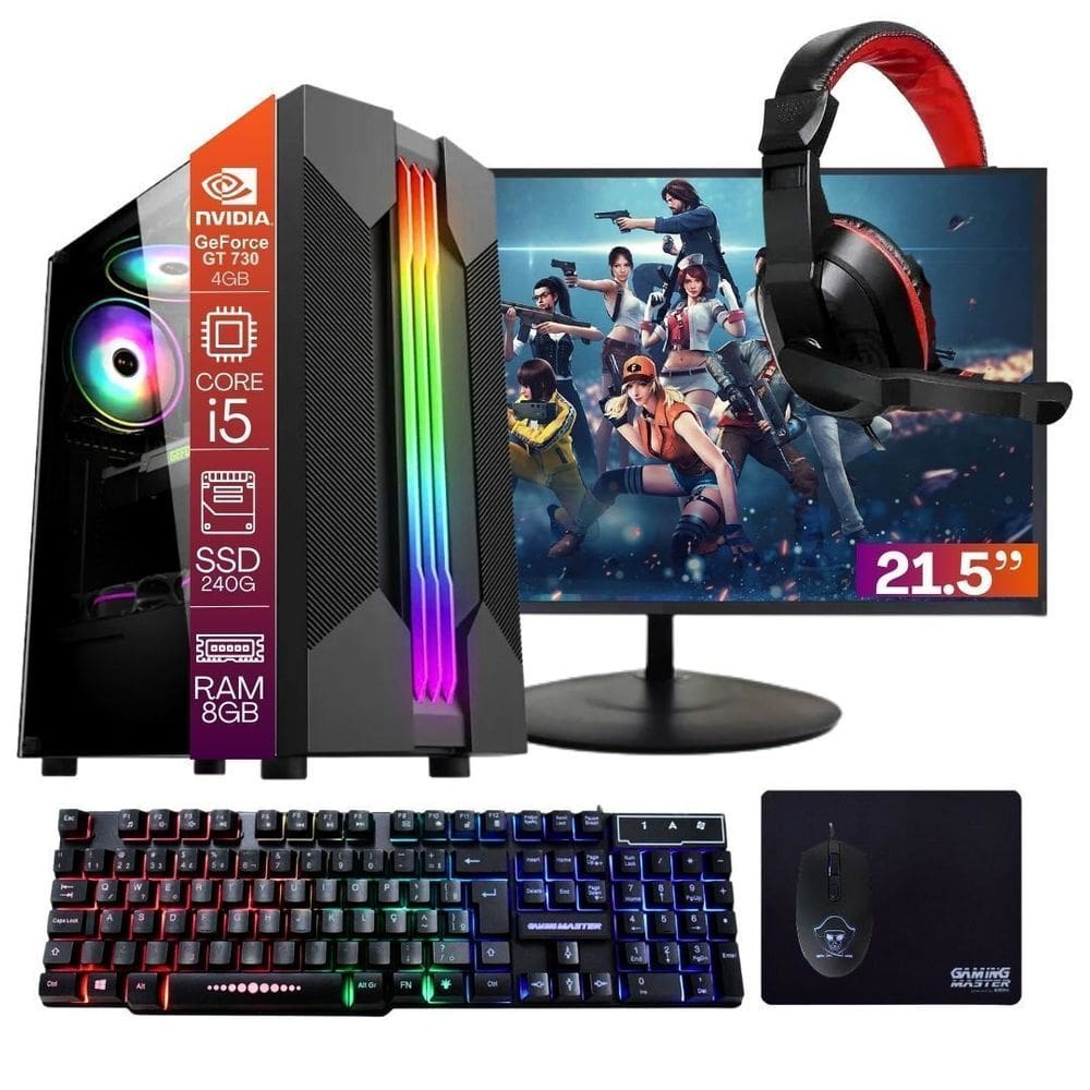 Computador PC Gamer Completo TOB Core i5 SSD 240GB 8GB VGA GT730 4GB Windows 10 Pro Trial + Teclado/Mouse + Mouse Pad + Headset + Monitor 21.5