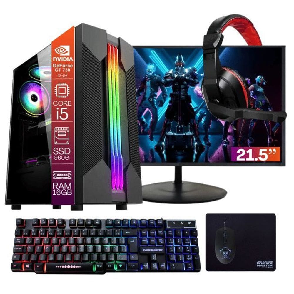 Computador PC Gamer Completo TOB Core i5 SSD 960GB 16GB VGA GT730 4GB Windows 10 Pro Trial + Teclado/Mouse + Mouse Pad + Headset + Monitor 21.5