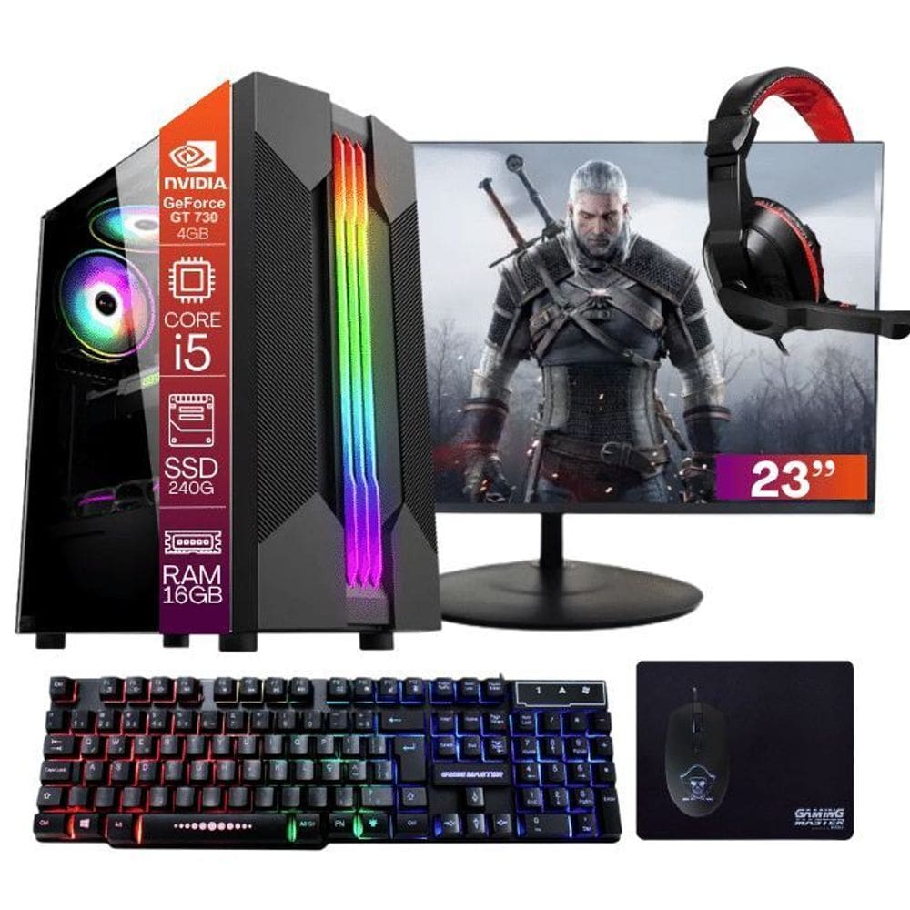 Computador PC Gamer Completo TOB Core i5 SSD 240GB 16GB VGA GT730 4GB Windows 10 Pro Trial + Teclado/Mouse + Mouse Pad + Headset + Monitor 23