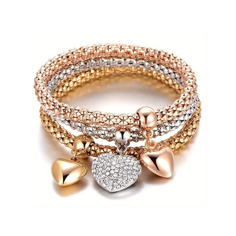 Kit 3 Pulseiras Femininas Pingente Coração Estilo Boho Chic Prata Dourado Rose Gold