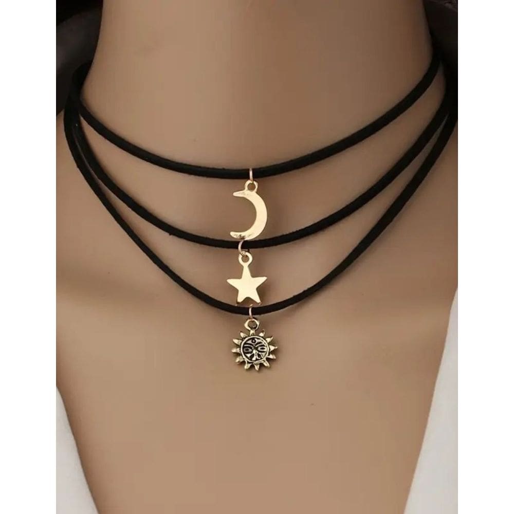 Conjunto de 3 Colares de Corda Vintage Estrela Lua e Sol