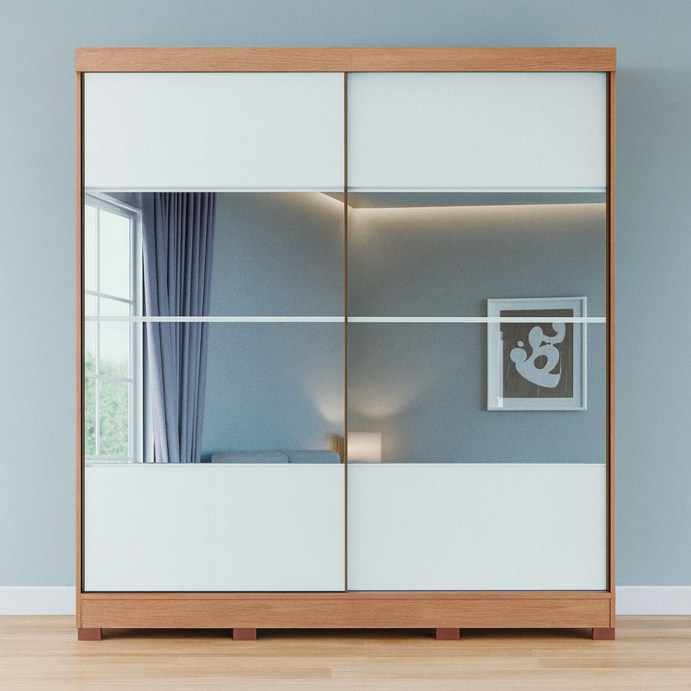 Guarda Roupa Casal com Espelhos 2 Portas de Correr com Pes em MDF Pontal Moveis Castro