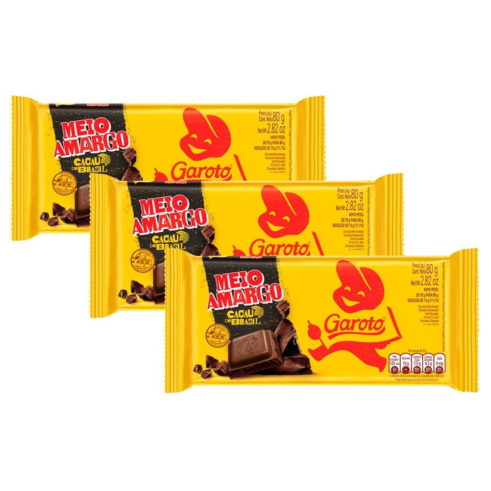 Kit 3 Chocolate Garoto Meio Amargo 80g