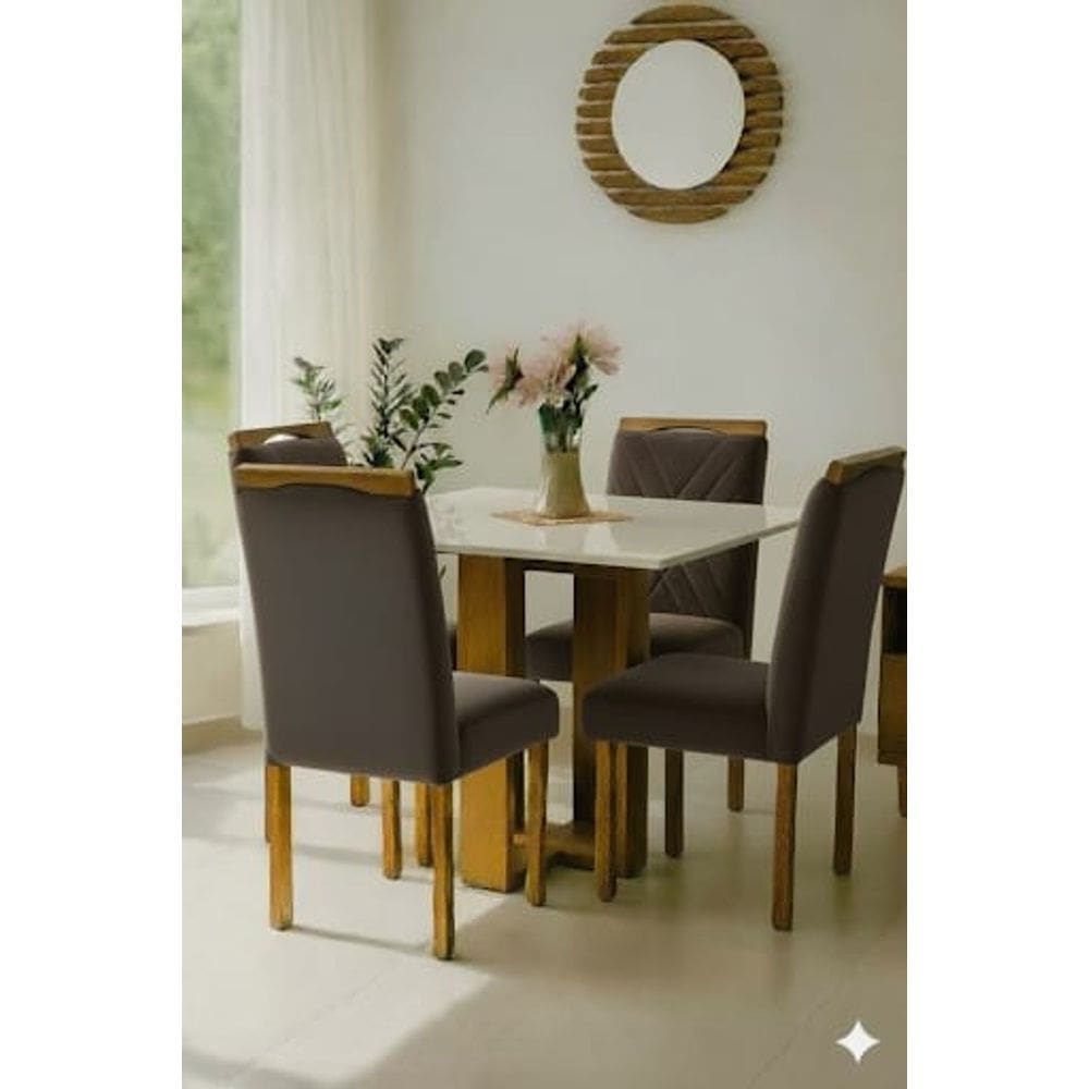 Conjunto de mesa ANJO com 4 cadeiras Gol Madeira -OFF WHITE/MARROM