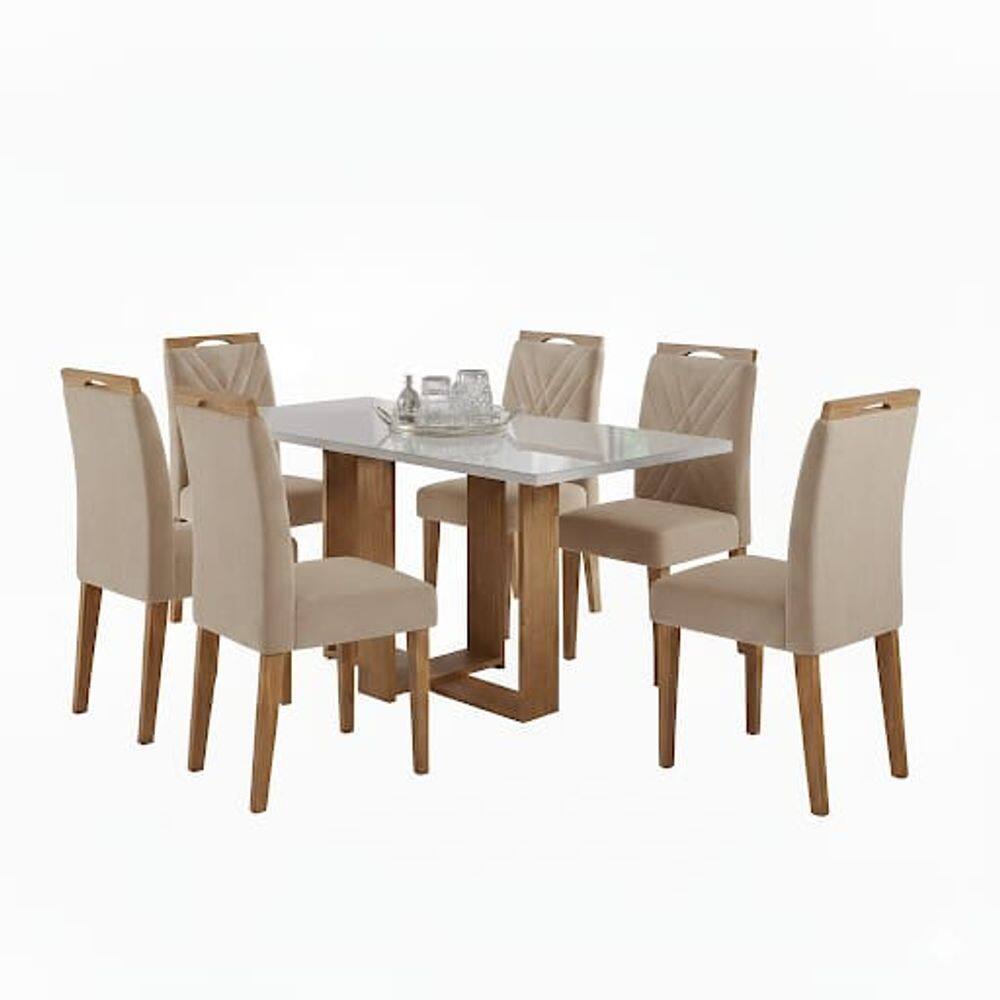 Conjunto de mesa HANA com 6 cadeiras Gol 1,60x80 MADEIRA - OFF WHITE/BEGE