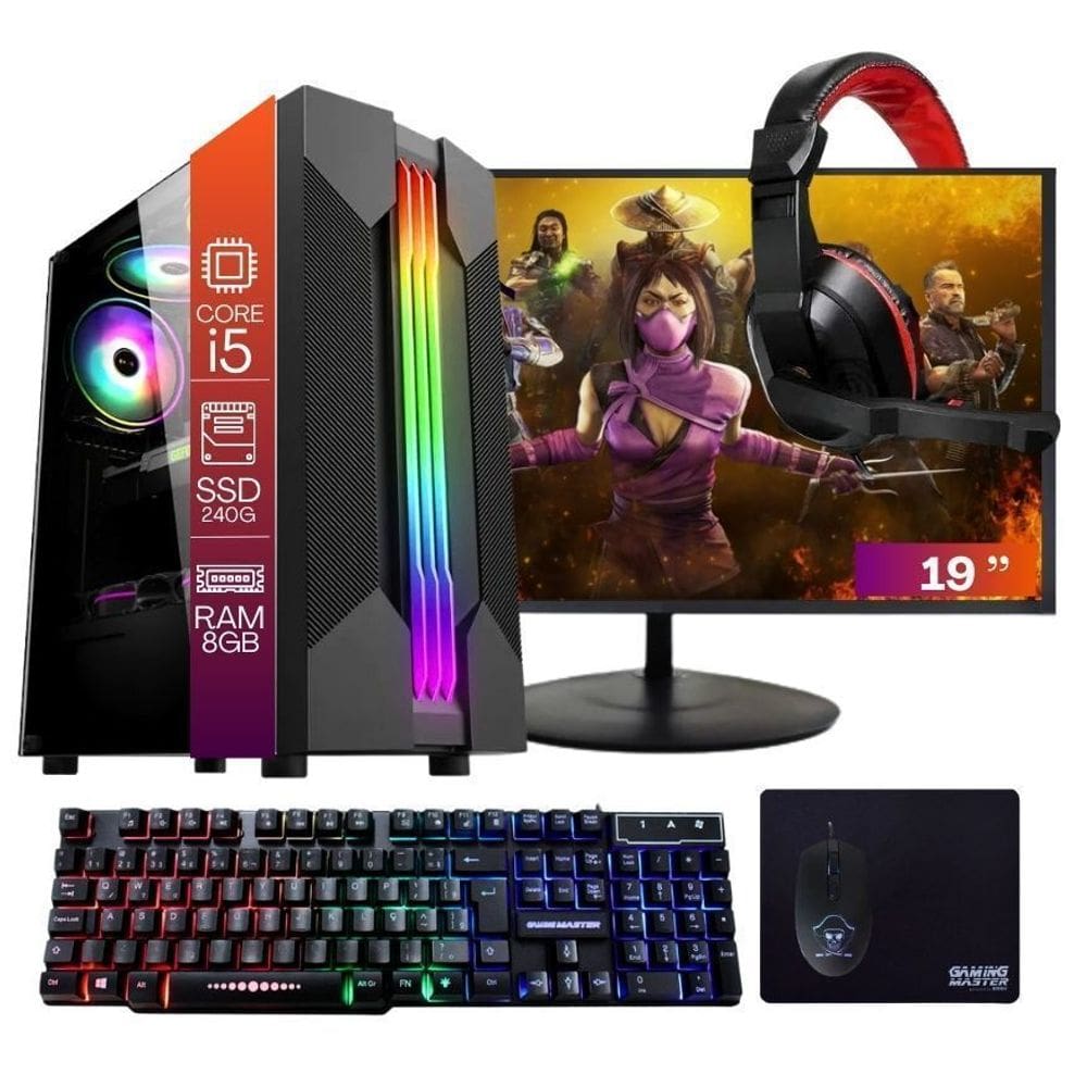 Computador PC Gamer Completo TOB Intel Core i5 SSD 240GB 8GB Windows 10 Pro Trial Teclado/Mouse  Mouse Pad  Headset  Monitor 19