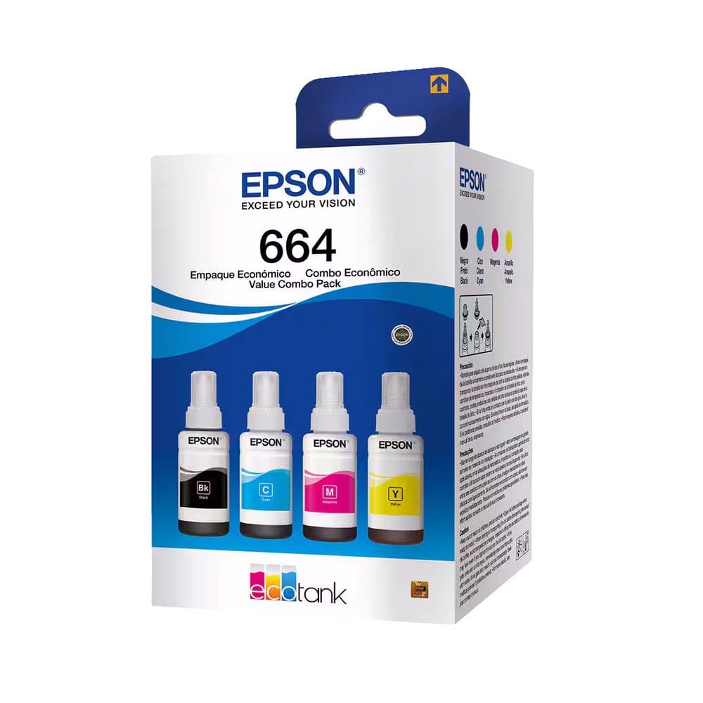 Kit Refil de Tinta Epson T664 Amarelo, Ciano, Magenta, Preto