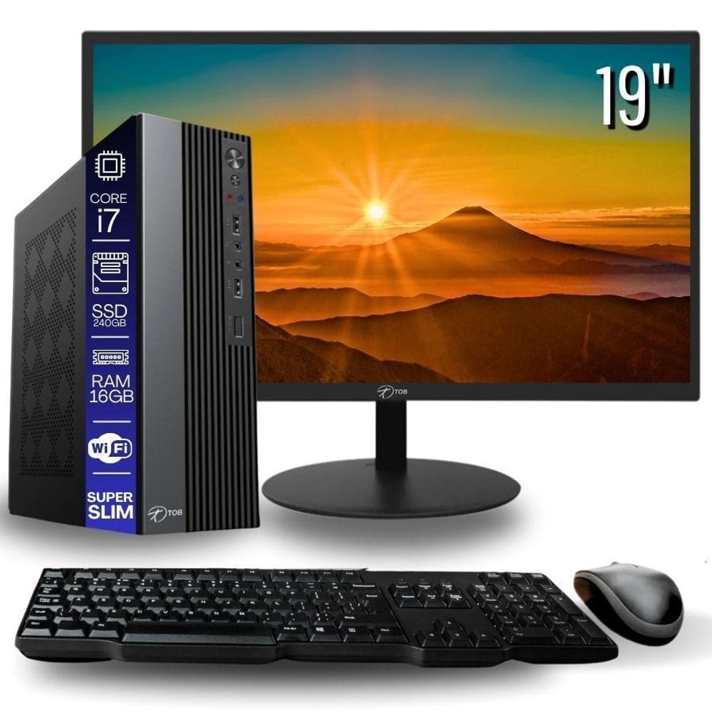 Computador TOB Slim Completo Compacto Intel Core i7 SSD 240GB Memória 16GB Teclado Mouse Monitor 19” Rede sem fio Windows 10 Trial