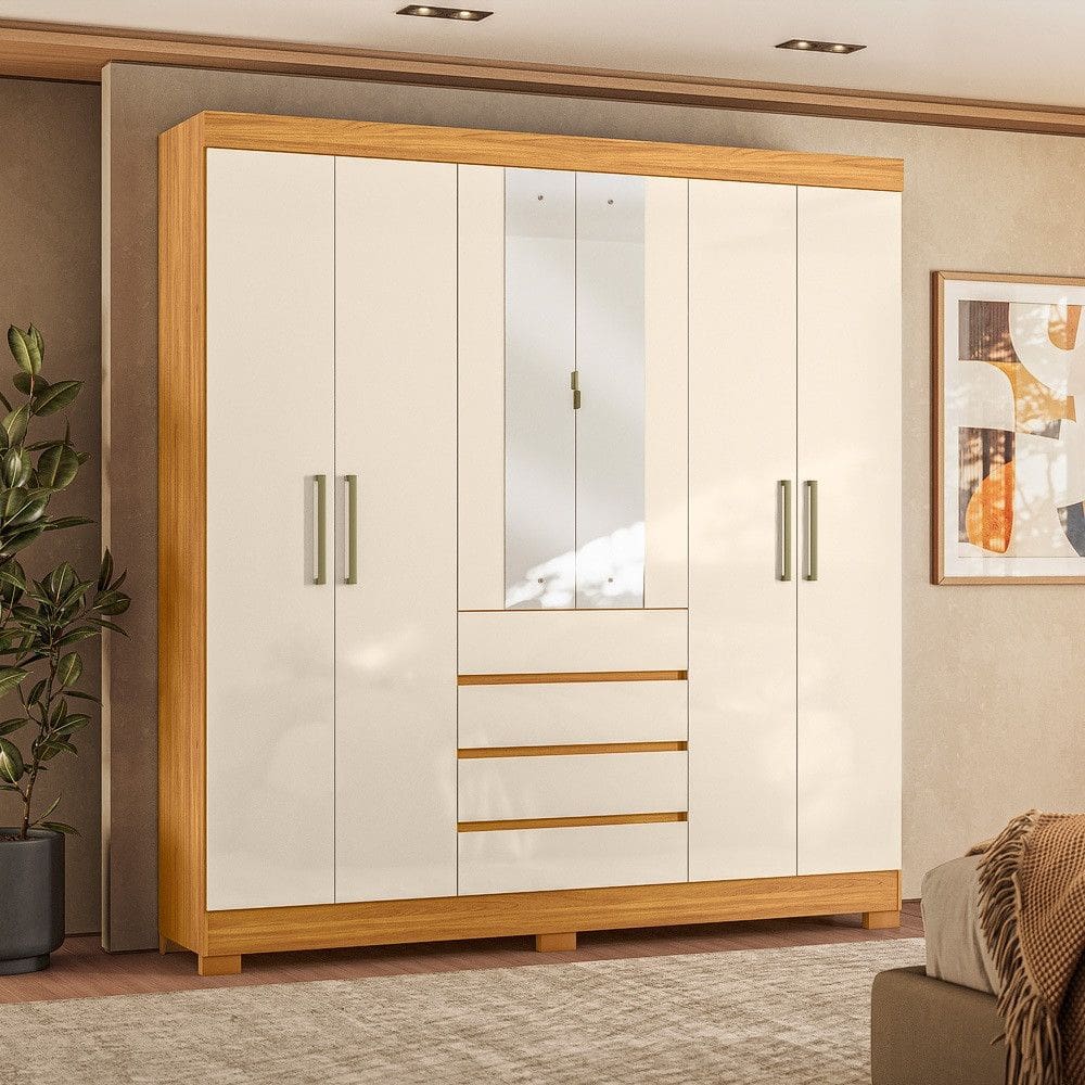 Guarda Roupa Casal com Espelho 6 Portas 4 Gavetas e Pes em MDF Opera Demobile