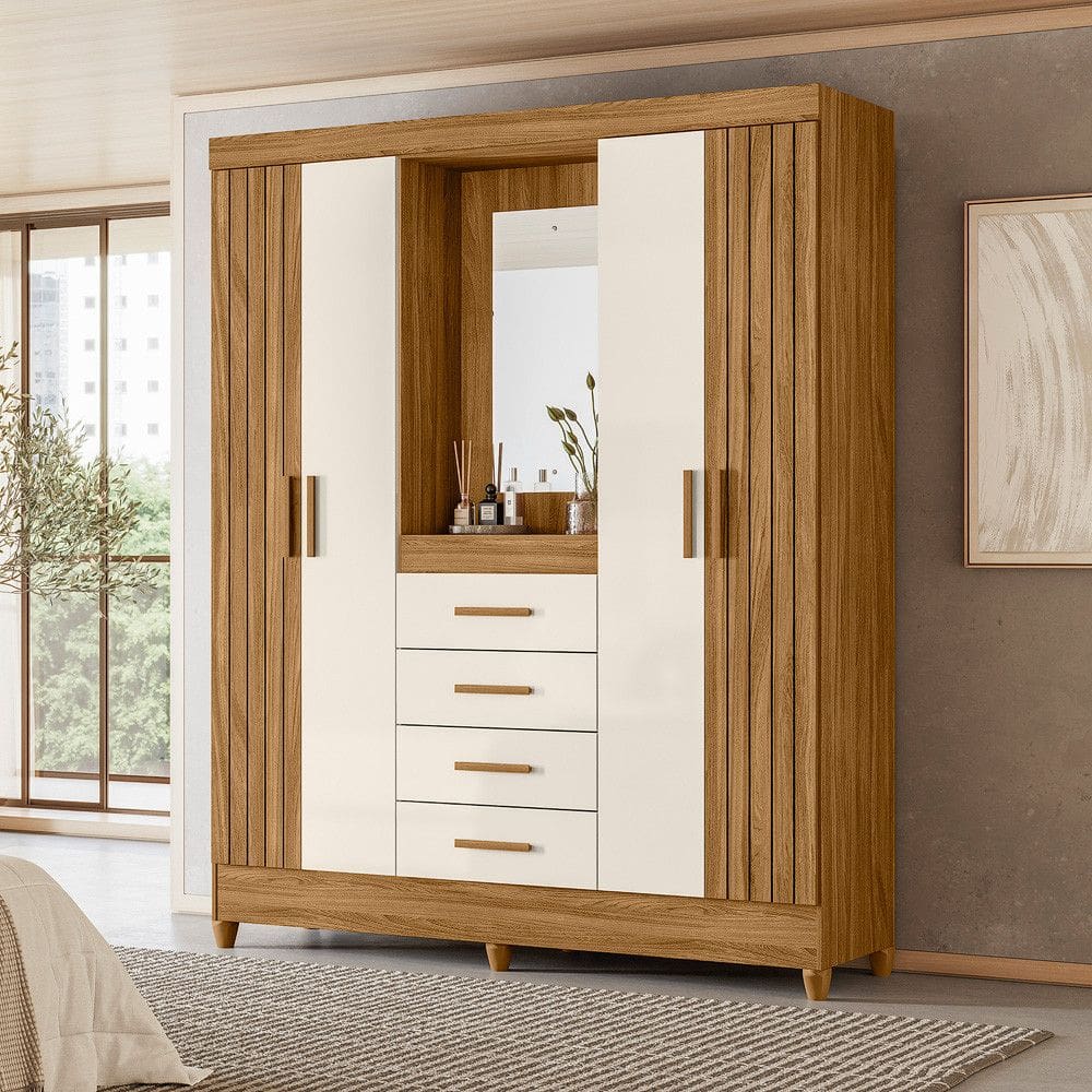 Guarda Roupa Capelinha Solteiro Frisado com Espelho 4 Portas 4 Gavetas e Pes Atenas Moval