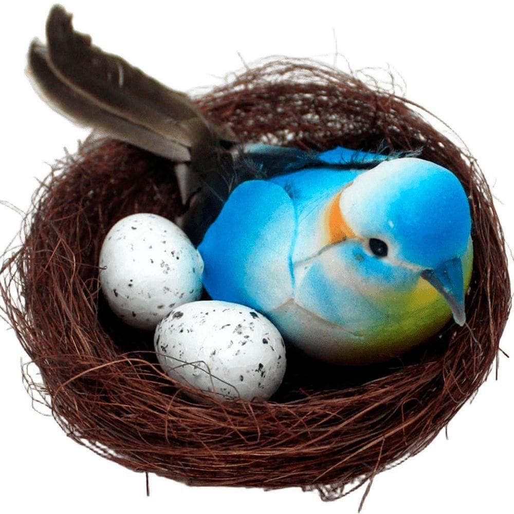 Enfeite Decorativo Pássaro Azul Ninho Ovos 5x15cm
