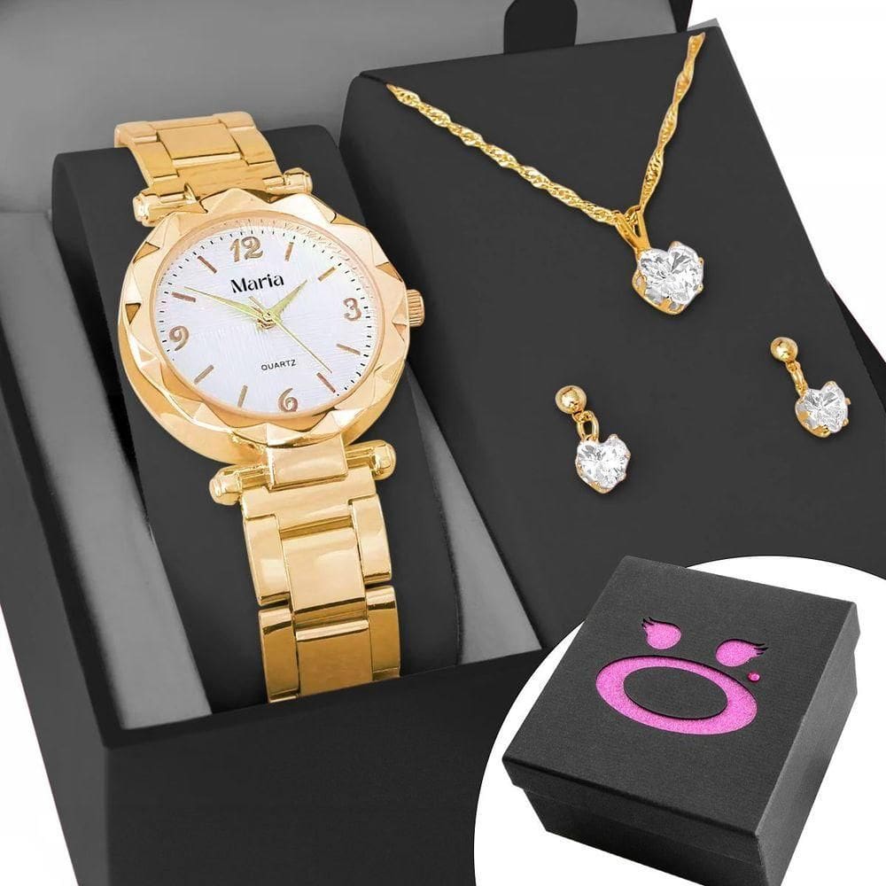 Relogio Feminino Dourado Aço + Colar Strass + Brinco + Caixa Social autêntico Transparente Garantia