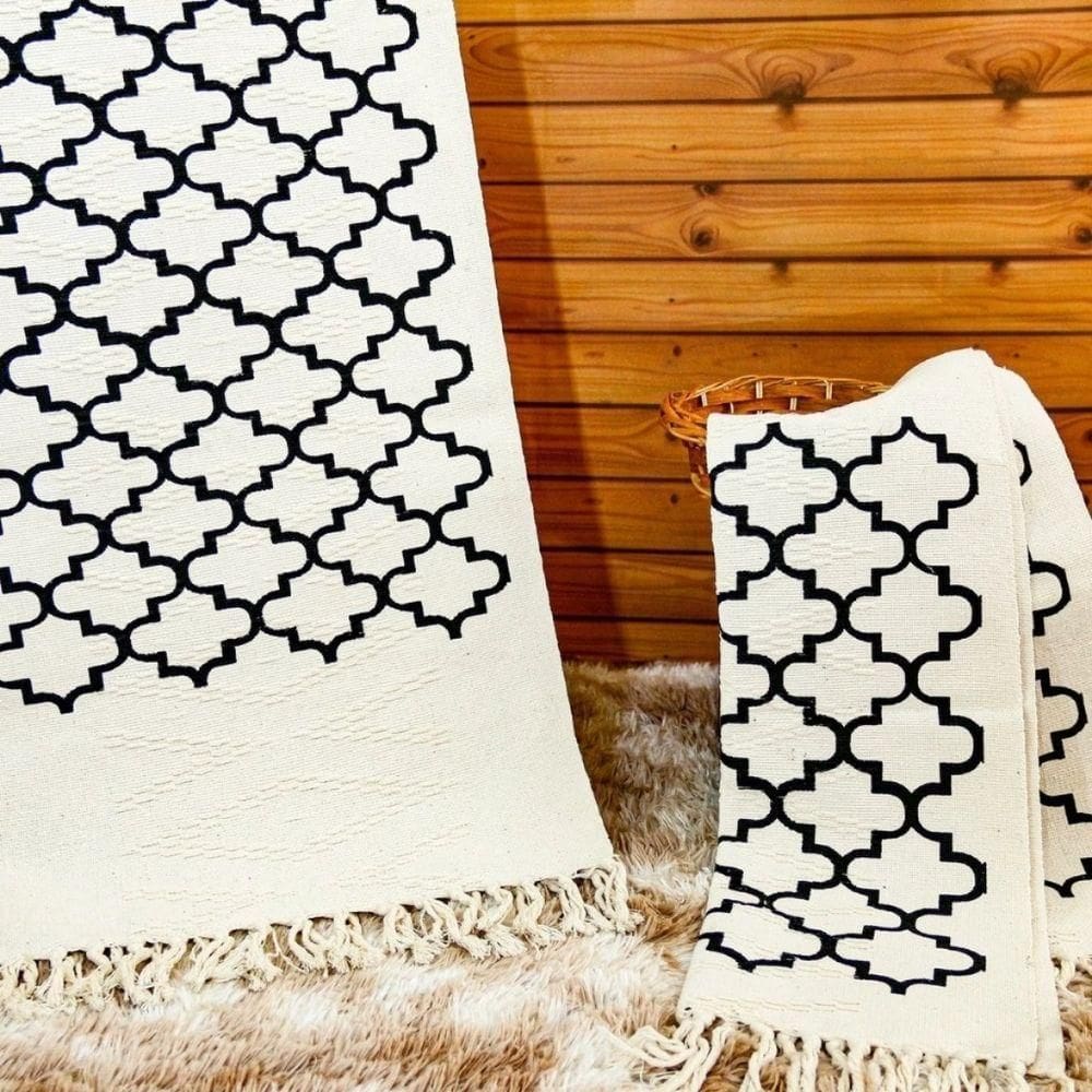 Kit Jogo De Passadeira Tapete De Cozinha Grande 3 Peças Estampado Com Nozinho Tecido Grosso Modelo Geométrico Cru